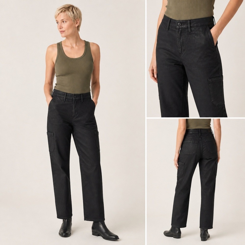 PAIGE Jolie Black Coated Cargo Pants Slim Tapered Utility Jeans Womens Size 28